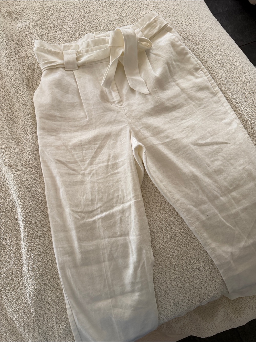 Express Cream Paperbag Waist Wide-Leg Pants with Self Tie